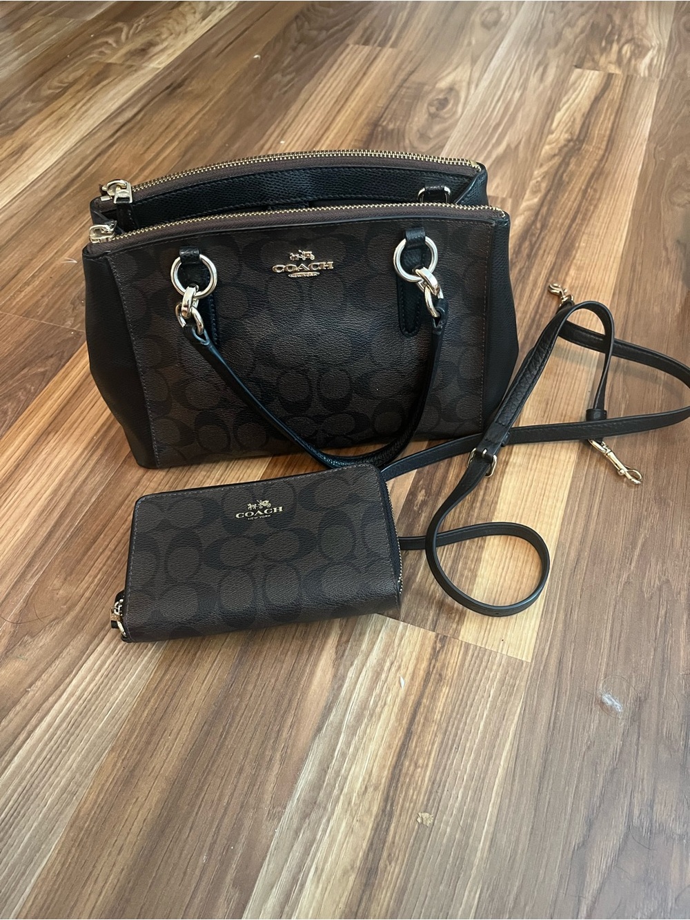 Coach Brown & Black Signature Canvas Top-Handle Crossbody with Wallet